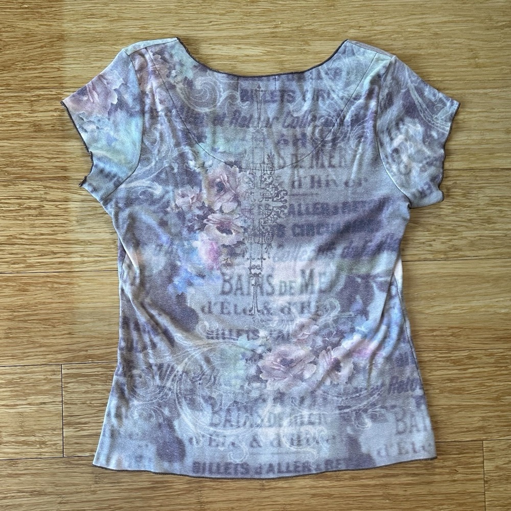 VTG Y2K Lee Cap Sleeve Women's Fairycore Cottagecore Rhinestone Floral Top SZ L - Picture 3 of 6